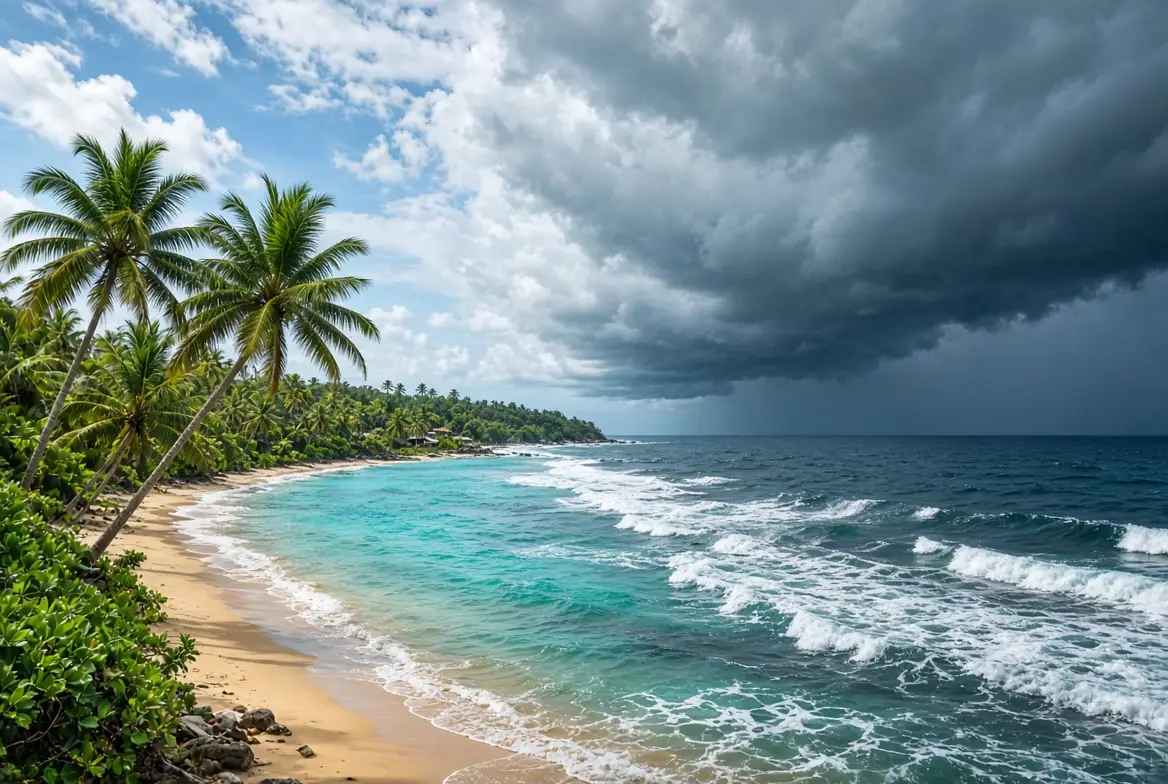 Sunny palm-lined beach with dark monsoon clouds rolling in over the sea