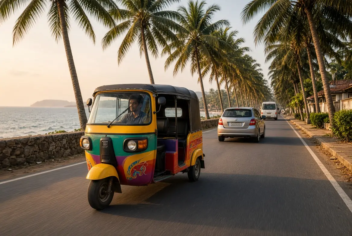 Colourful tuk tuk driving along a palm-lined coastal road