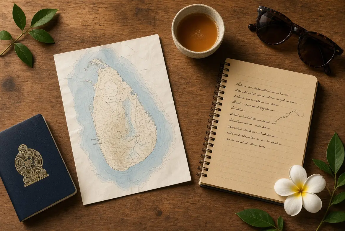 Trip planning flat lay with a map of Sri Lanka, a notebook, tea and a frangipani flower