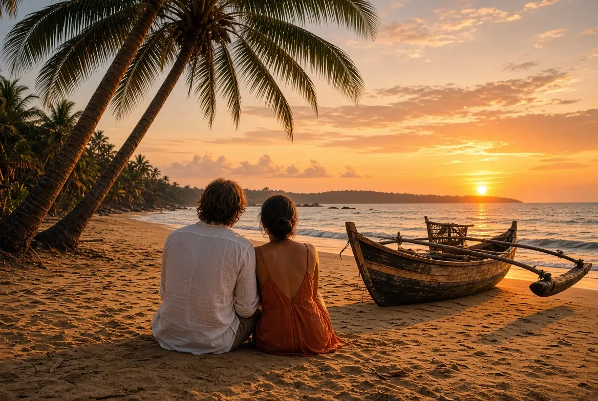 Couple watching the sunset on a beach beside an outrigger fishing boat