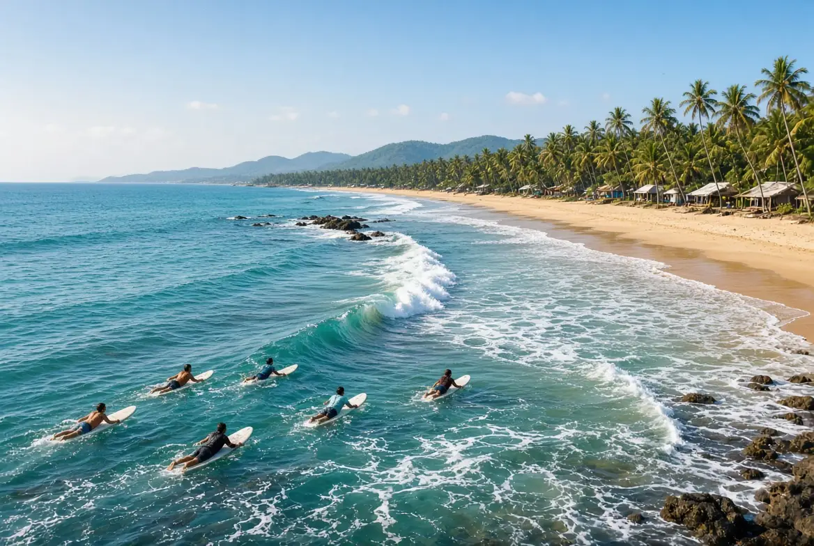 Surfers paddling out along a palm-lined bay on the east coast