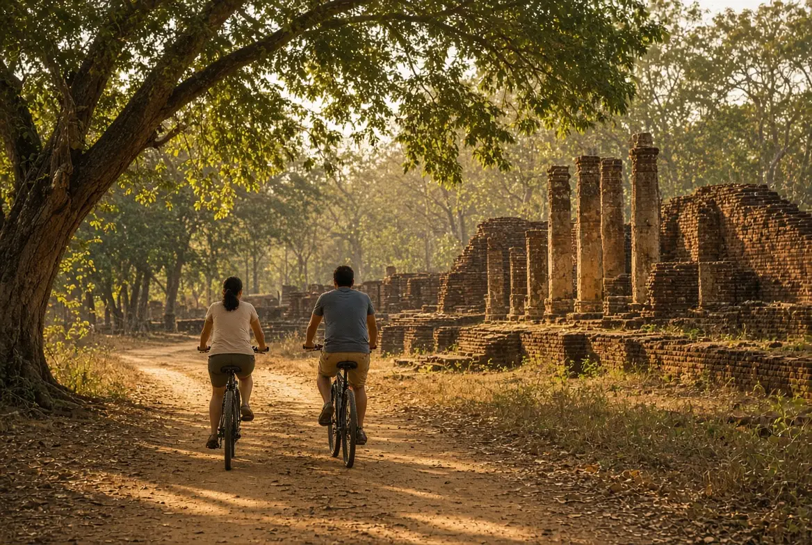 Two people cycling past ancient brick ruins in golden light